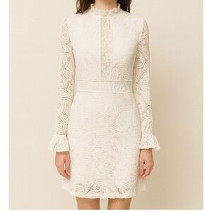 MAJE Rilene Paisley Lace Mini Dress Size 38 / M White Lace High Neck Long Sleeve